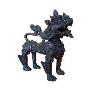 Antique Tibetan Kylie Foo Dog Bronze Art Sculpture Figurine Temple Guardian